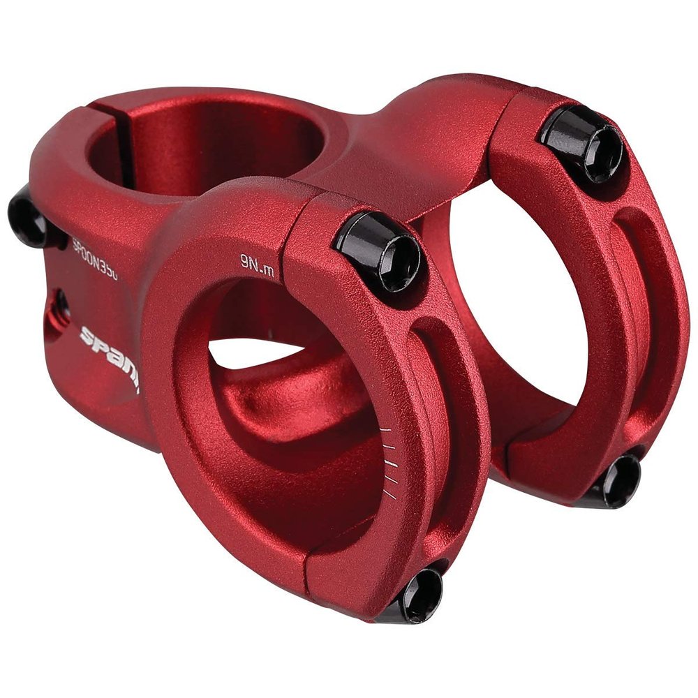 Spank Spoon 318 Stem Red(43mm), Chamfered bar clamp, Ultra-short stack height, Bicycle Stem, Ideal for ASTM 5, All mountain, enduro, trail, free ride, DJ, E-Bike