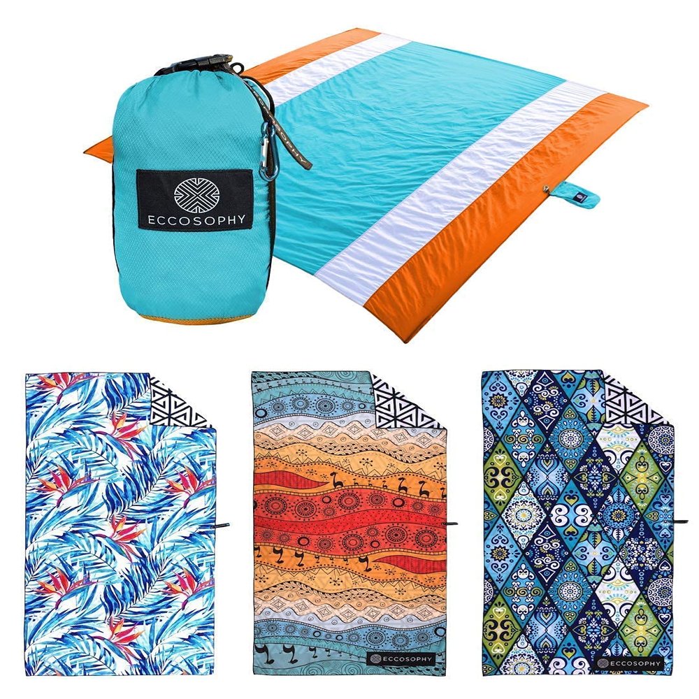 ECCOSOPHY Paradise Collection Includes 1 Oversized sandproof Beach Blanket 9x10 ft and 3 Quick Dry Microfiber Beach Towels 71x35 inches.