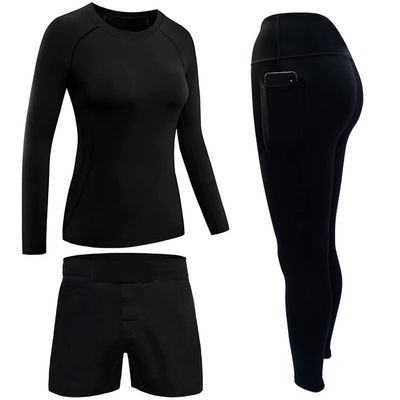 ROAR No Gi Full Set Ladies Sports Bra BJJ Leggings MMA Shorts & Grappling Rash Guard Female Fight Wear (Only For Ladies) (Black-3PCS-Set, X-Large)