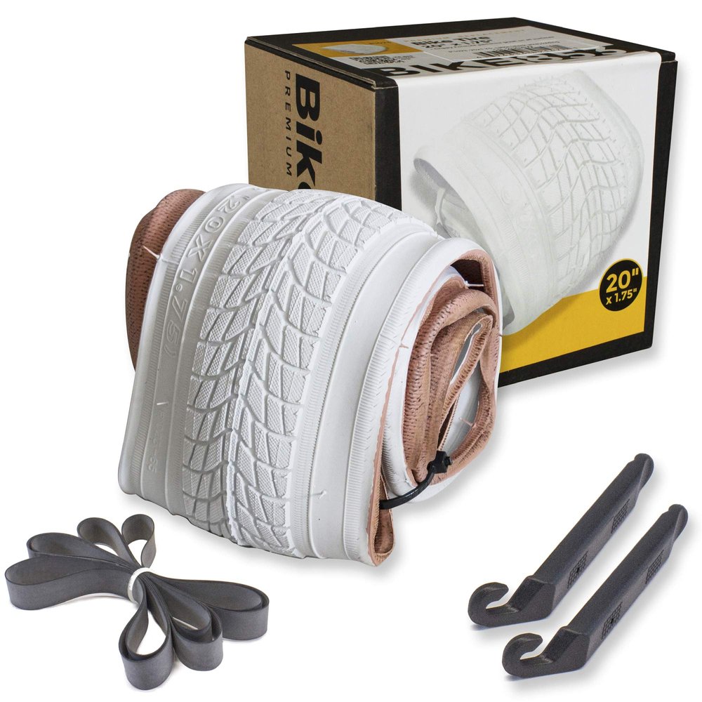 20 Inch Bike Tire Packages for Kids and BMX Tires. Fits 20x1.75 Bike Tube, Tire, Rims, Front or Rear Wheels. Includes Tire Tools. with or Without Tubes. 1 Pack or 2 Pack. White (1 Tire - No Tube)