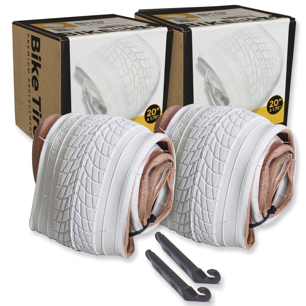 20 Inch Bike Tire Packages for Kids and BMX Tires. Fits 20x1.75 Bike Tube, Tire, Rims, Front or Rear Wheels. Includes Tire Tools. with or Without Tubes. 1 Pack or 2 Pack. White (2 Tires - No Tubes)