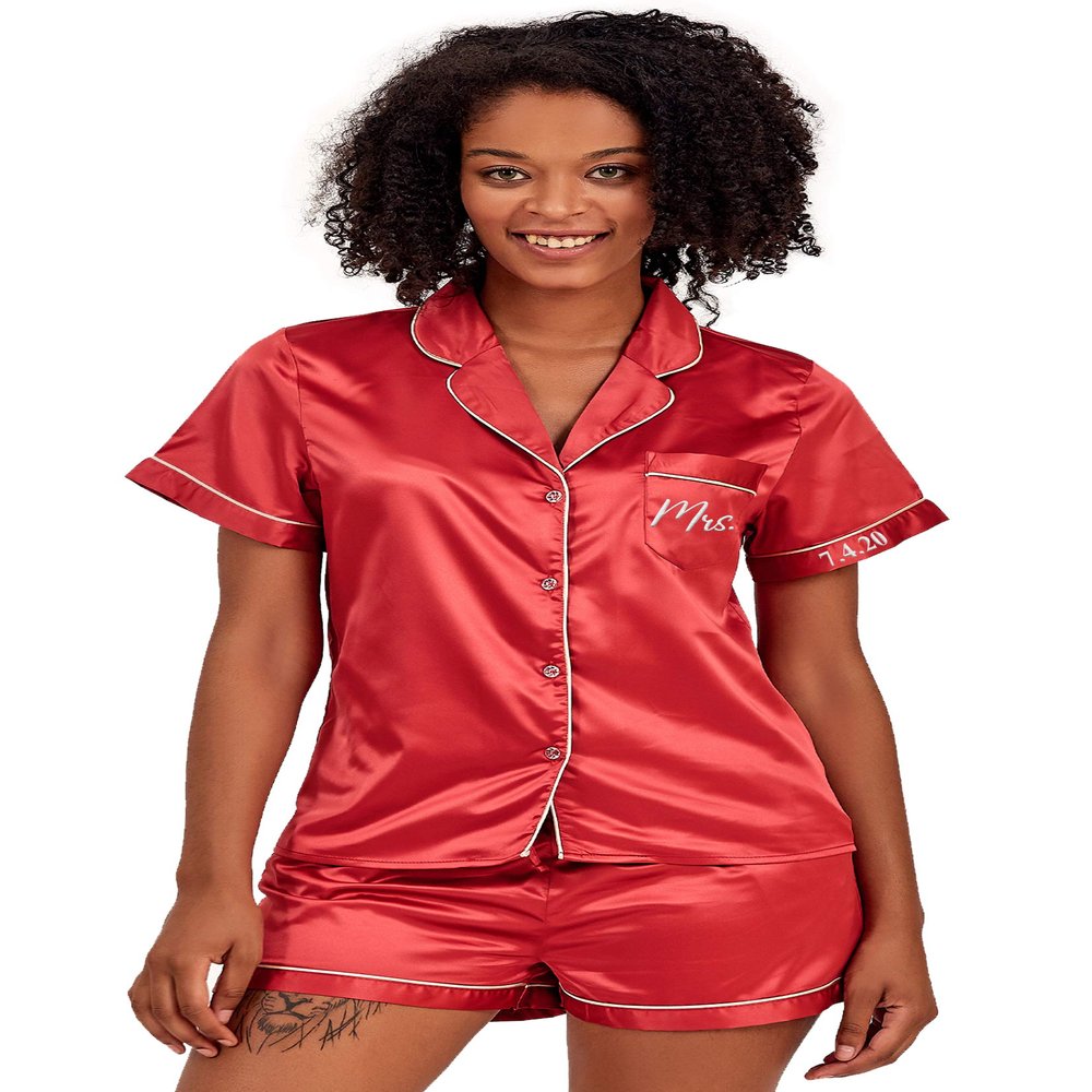 TEEAMORE Custom Embroidered Satin Pajamas Set Button Down Personalized Sleepwear Bride Bridesmaid Sleepwear Pjs Set