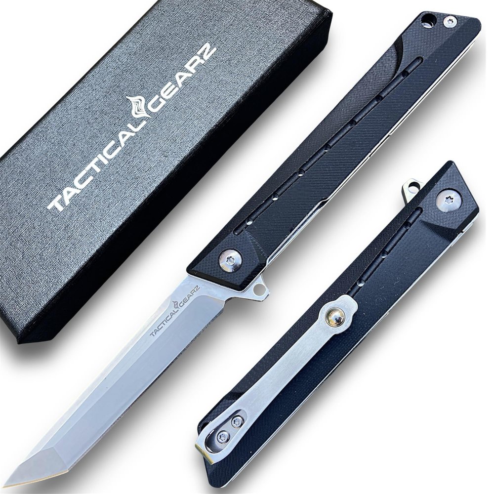 TACTICAL GEARZ Pocket Folding Knife for EDC, G10 Handle, D2 Steel Tanto Blade, Includes Sheath (Nyx)