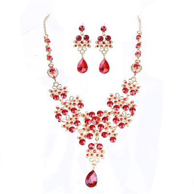 LKEEP Stylish Butterfly Flower Water Drop Pendant Necklace Earring Set Temperament Crystal Rhinestone Wedding Accessories,Red