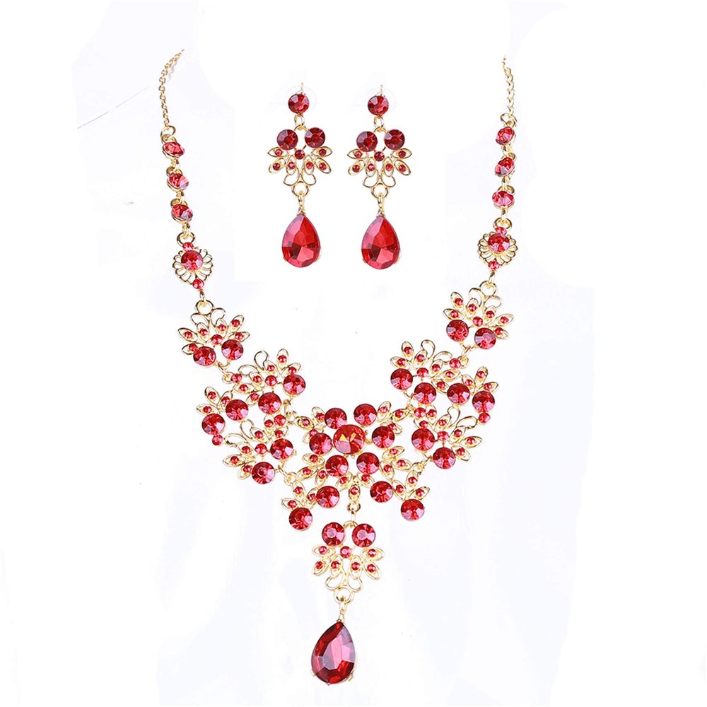 LKEEP Stylish Butterfly Flower Water Drop Pendant Necklace Earring Set Temperament Crystal Rhinestone Wedding Accessories,Red
