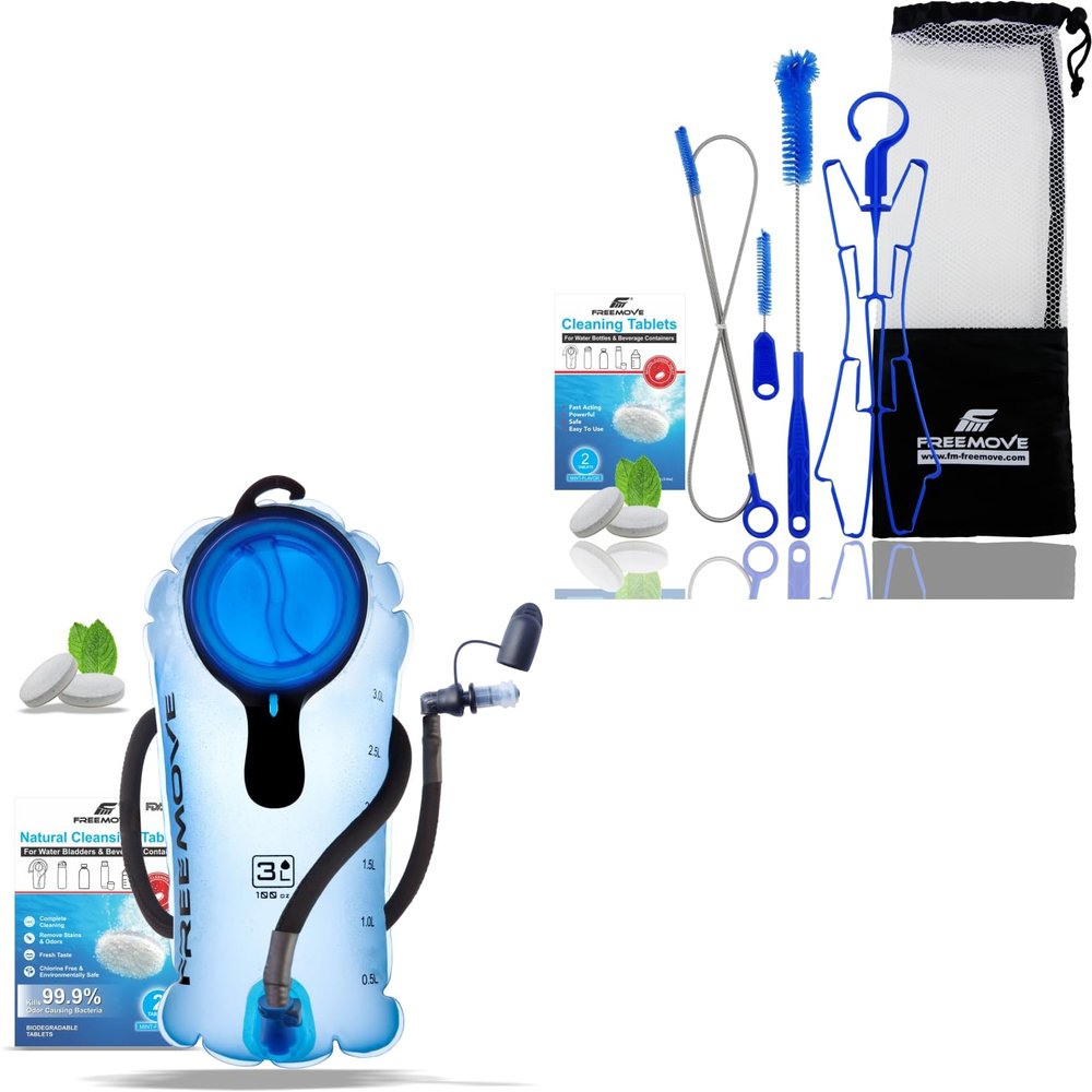 FREEMOVE 3L Hydration Bladder - Blue + Cleaning Kit 6in1 with Drying Hanger