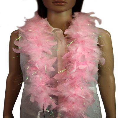 Flydreamfeathers Feather Boa 25 Gram, 4 Feet Long Chandelle Feather Boa, Great for Party, Halloween Costume, Christmas Tree, Decoration (Baby Pink w/Tinsel Color)