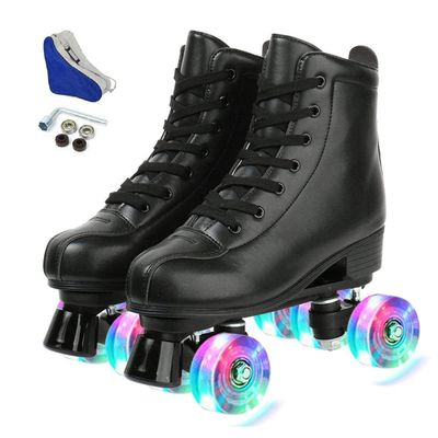 XUDREZ Double-Row Roller Skates for Unisex - PU Leather High-Top Four-Wheel Shiny Skates With Flash Wheels (Women's 11 / Men's 9.5)