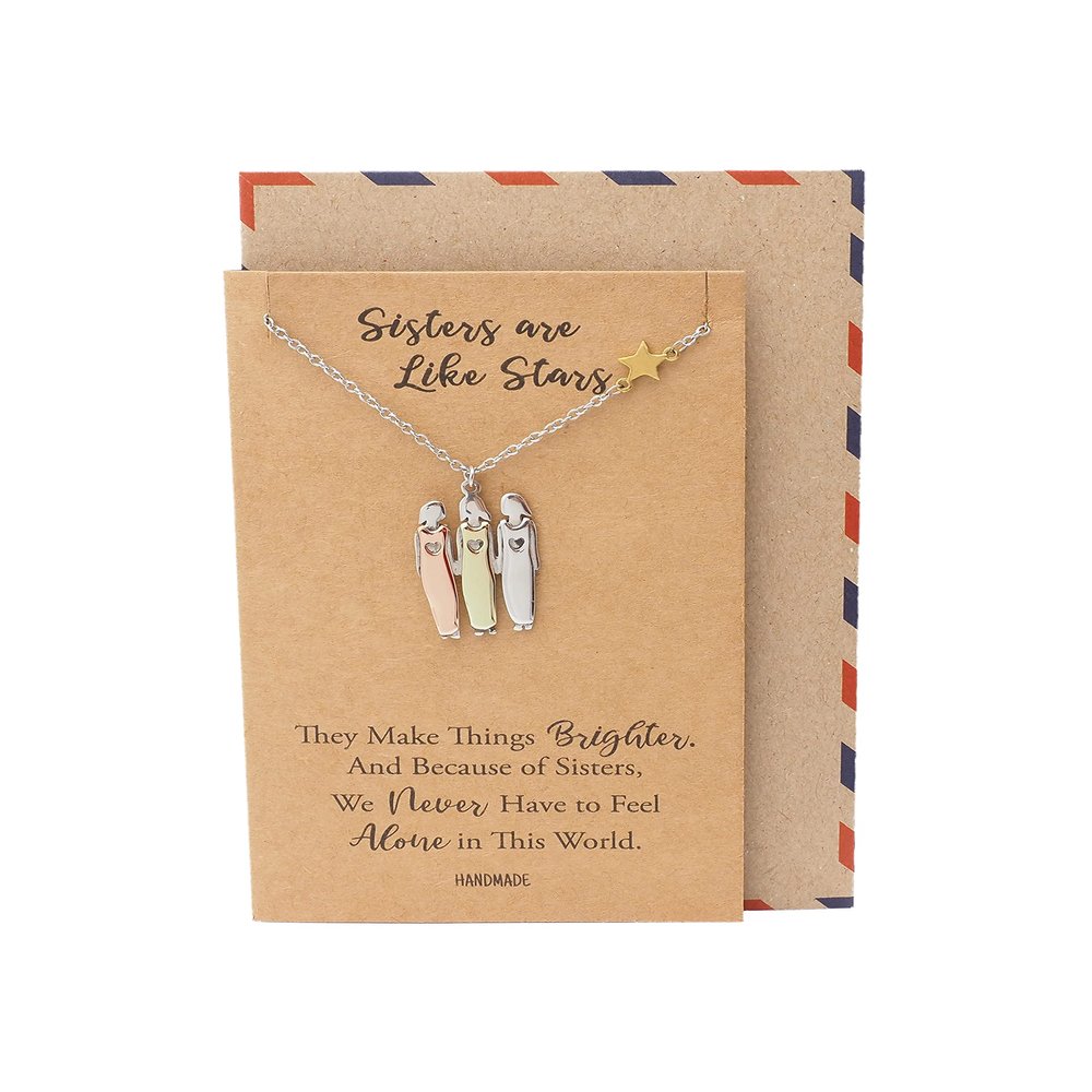quan jewelry Sisters and Star Pendant Necklace, Birthday Gifts for Women with Inspirational Quote on Greeting Card (Three Sisters)