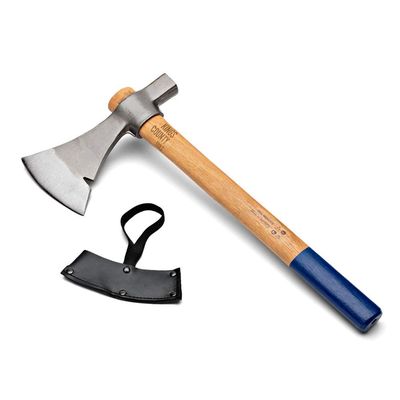 Camping Hatchet - Tomahawk Axe with German-Forged Carbon Steel Blade with 4-1/2 Curved Cutting Edge - USA Hickory Handle Camp Axe for Splitting Wood and Hammering Stakes by Kings County Tools