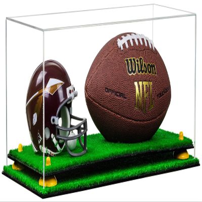 Better Display Cases Clear Acrylic Full Size Football and Mini Helmet (not Full Size) Display Case with Yellow Risers and Turf Base (B47)
