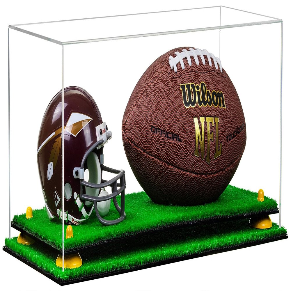 Better Display Cases Clear Acrylic Full Size Football and Mini Helmet (not Full Size) Display Case with Yellow Risers and Turf Base (B47)