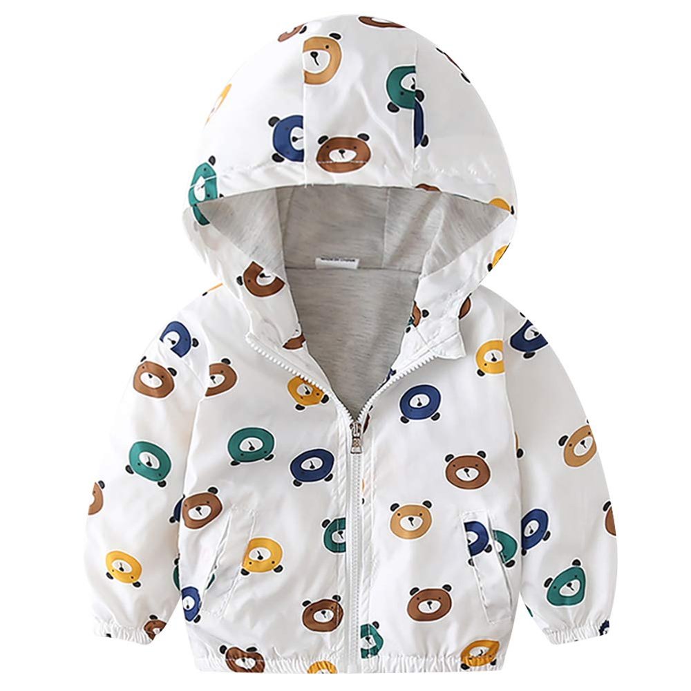 Toddler Baby Boys Girls Hooded Jacket Windbreaker Lightweight Dinosaur Print Coat Autumn Long Sleeve Windproof Outwear with Pocket Hoodie Zipper Spring Clothes for Kids White - Bears 12-18 Months
