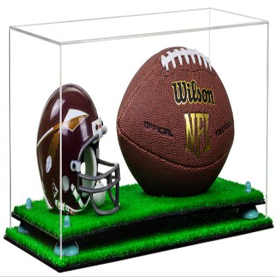 Better Display Cases Clear Acrylic Full Size Football and Mini Helmet (not Full Size) Display Case with Blue Risers and Turf Base (B47)