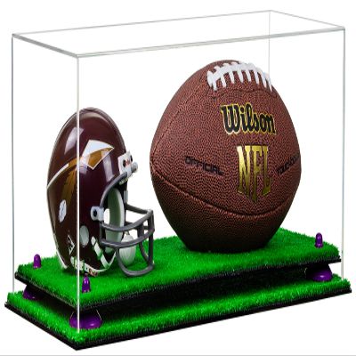 Better Display Cases Clear Acrylic Full Size Football and Mini Helmet (not Full Size) Display Case with Purple Risers and Turf Base (B47)