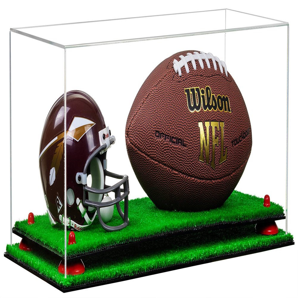 Better Display Cases Clear Acrylic Full Size Football and Mini Helmet (not Full Size) Display Case with Red Risers and Turf Base (B47)