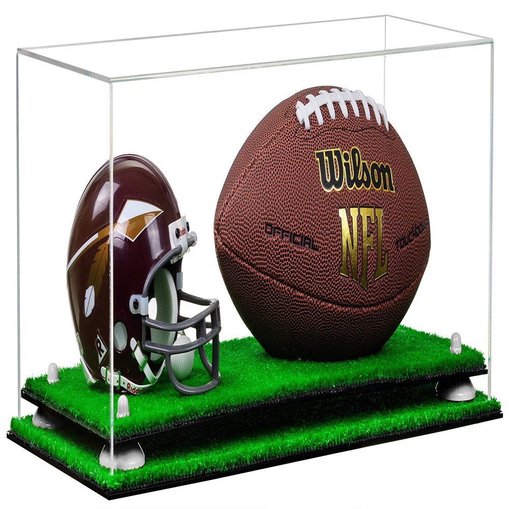 Better Display Cases Clear Acrylic Full Size Football and Mini Helmet (not Full Size) Display Case with White Risers and Turf Base (B47)