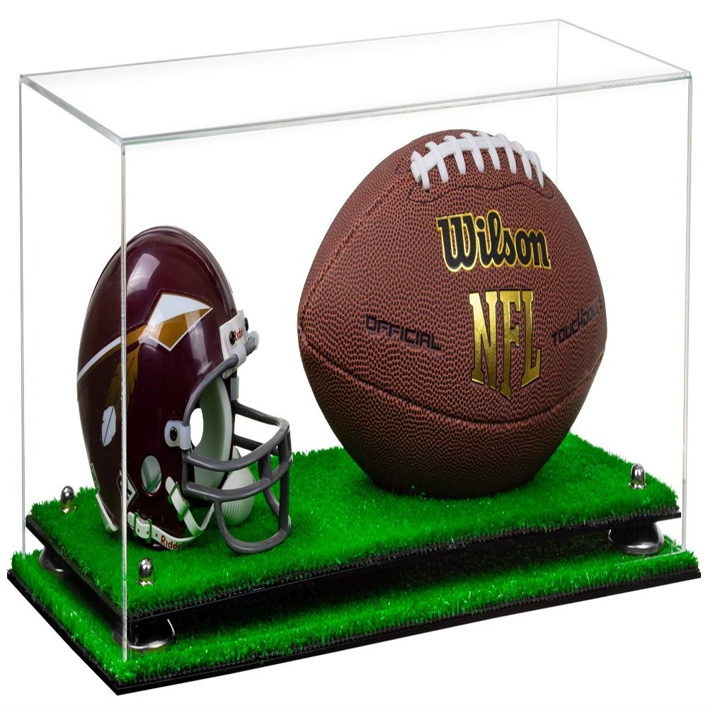 Better Display Cases Clear Acrylic Full Size Football and Mini Helmet (not Full Size) Display Case with Silver Risers and Turf Base (B47)