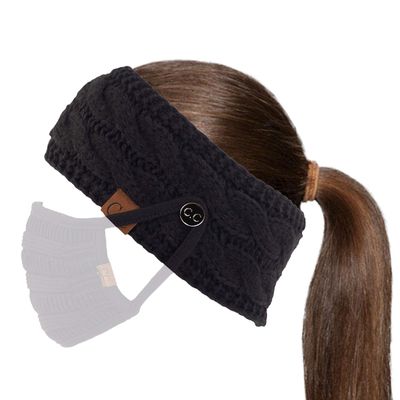 C.C Winter Fuzzy Fleece Lined Thick Knitted Headband Headwrap Epoxy Button for Face Masks (BHW-1) (A Button Black)