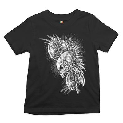 Winged Skull Youth T-Shirt Viking Warrior Skeleton Labrys Axe Gothic Kids Black Small