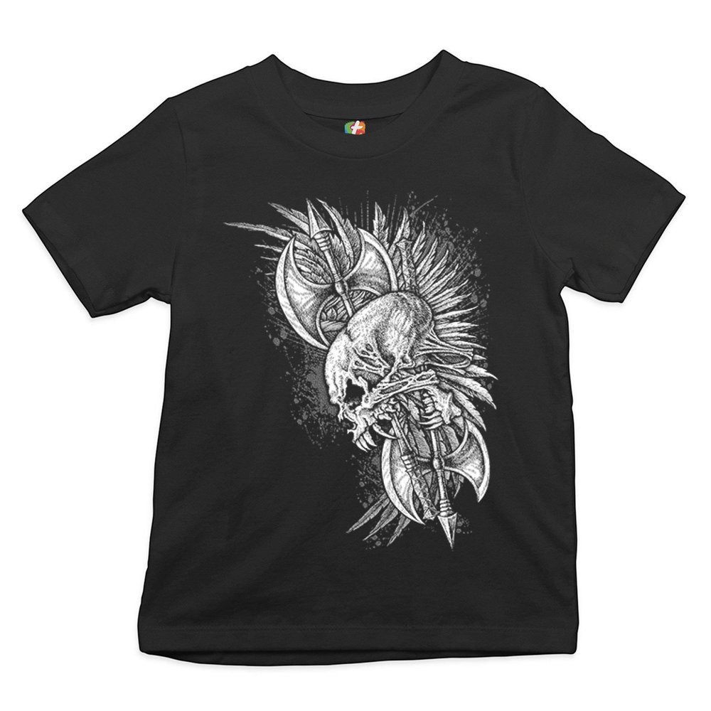 Winged Skull Youth T-Shirt Viking Warrior Skeleton Labrys Axe Gothic Kids Black Small