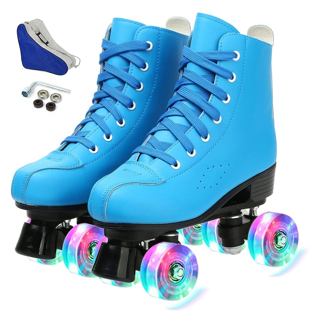 SilverTree Women's Roller Skates - Quad Skates with ABEC-7 Bearings - PU Leather High-Top Skates - Blue Flash Wheel - Size Women's 7/Men's 5.5