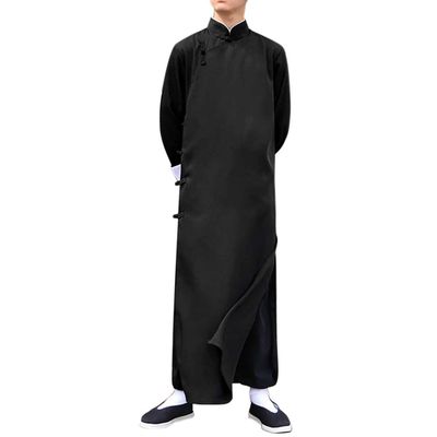 Men's Cotton Linen Kung Fu Suit Chinese Martial Arts Uniform Meditation Suit Roll-Up Sleeve Frog Button Shirt Pants Outfit (Only Robe-Black, XL)