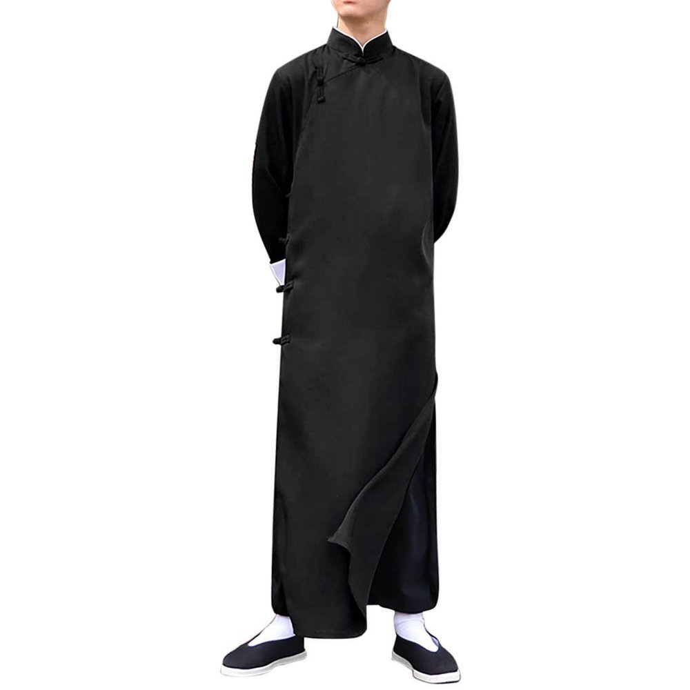 Men's Cotton Linen Kung Fu Suit Chinese Martial Arts Uniform Meditation Suit Roll-Up Sleeve Frog Button Shirt Pants Outfit (Only Robe-Black, XL)