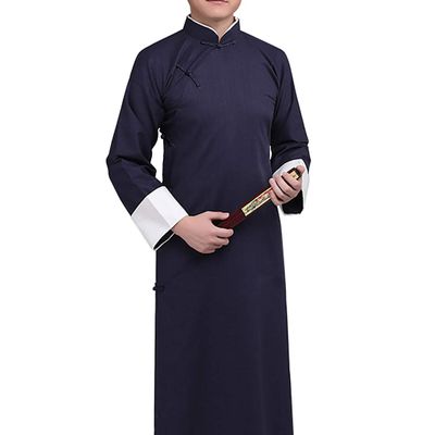 Men's Cotton Linen Kung Fu Suit Chinese Martial Arts Uniform Meditation Suit Roll-Up Sleeve Frog Button Long Robe (Only Robe-Navy, XL)