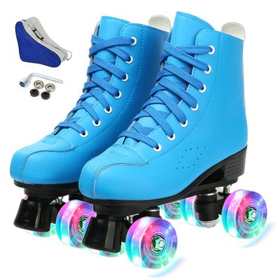 Women's High-top Roller Skates with PU Leather Sole & Shiny Blue Flash Wheels - Four-Wheel Skates with Carry Bag (US:7.5)