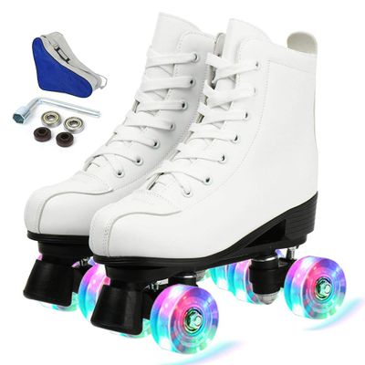 Women's High-top Roller Skates with PU Leather Sole & Shiny Flash Wheels - Includes Carry Bag (White, US:9)