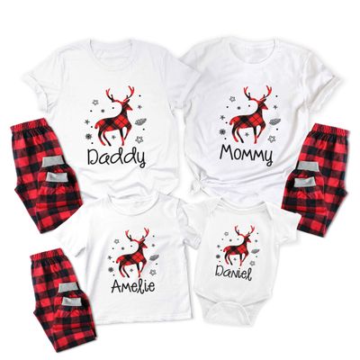 TEEAMORE Custom Matching Christmas Shirt for Family Red Buffalo Plaid Reindeer Print Shirts