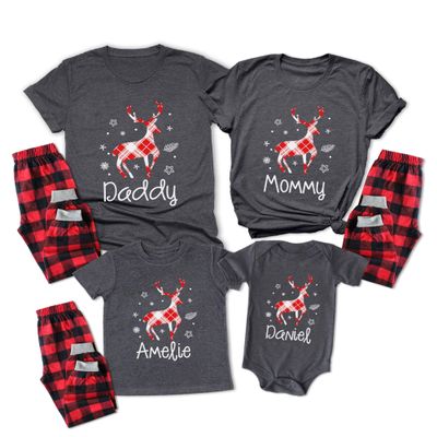 TEEAMORE Custom Matching Christmas Shirt for Family Red Buffalo Plaid Reindeer Print Shirts