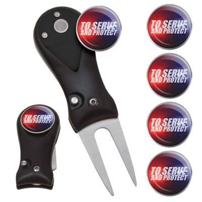 Clip Wipes Police Divot Tool | Switchblade Style & 5 Police Ball Markers (Black-Protect)