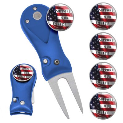Clip Wipes Police Divot Tool | Switchblade Style & 5 Police Ball Markers (Blue-Support)