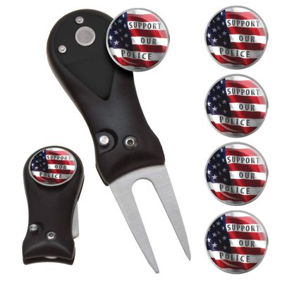 Clip Wipes Police Divot Tool | Switchblade Style & 5 Police Ball Markers (Black-Support)