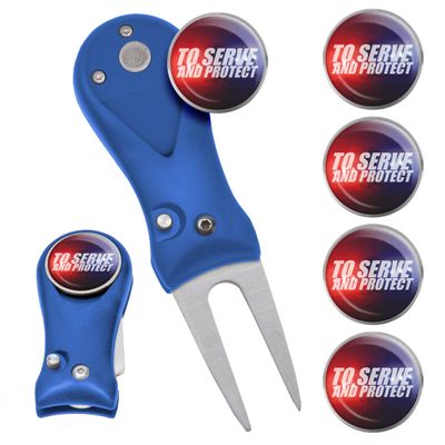 Clip Wipes Police Divot Tool | Switchblade Style & 5 Police Ball Markers (Blue-Protect)