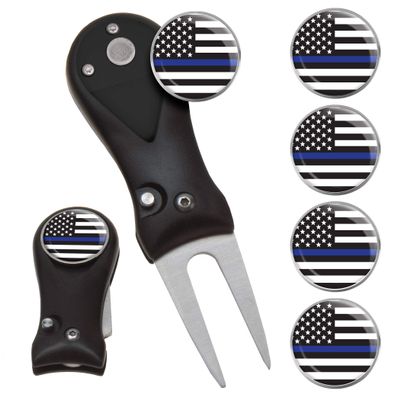 Clip Wipes Police Divot Tool | Switchblade Style & 5 Police Ball Markers (Black-Flag)