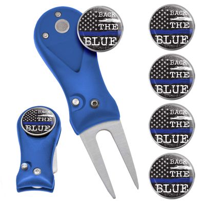 Clip Wipes Police Divot Tool | Switchblade Style & 5 Police Ball Markers (Blue-Back)