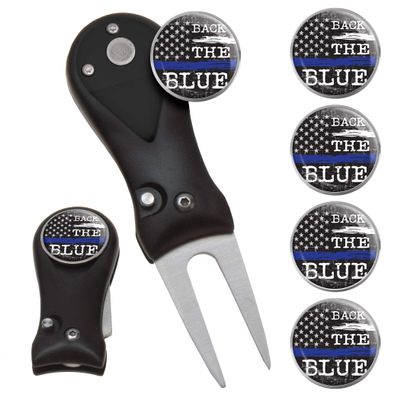 Clip Wipes Police Divot Tool | Switchblade Style & 5 Police Ball Markers (Black-Back)