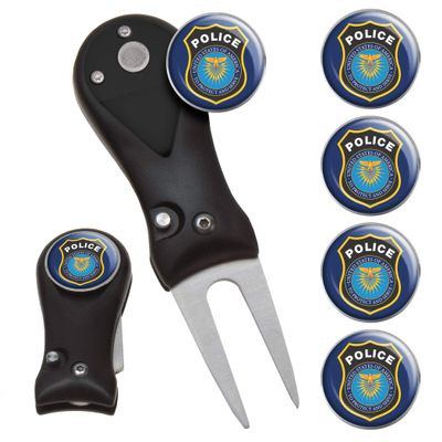 Clip Wipes Police Divot Tool | Switchblade Style & 5 Police Ball Markers (Black-Seal)