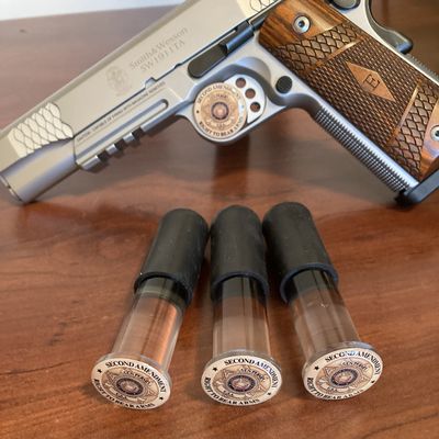 Handgun Display Stand, Safe Pistol Holder, Revolver Showcase, Clear Acrylic, Rubber Tipped, 3 1/2 L x 3/4" W - 3-Pack Right to Bear Arms Domed Decal