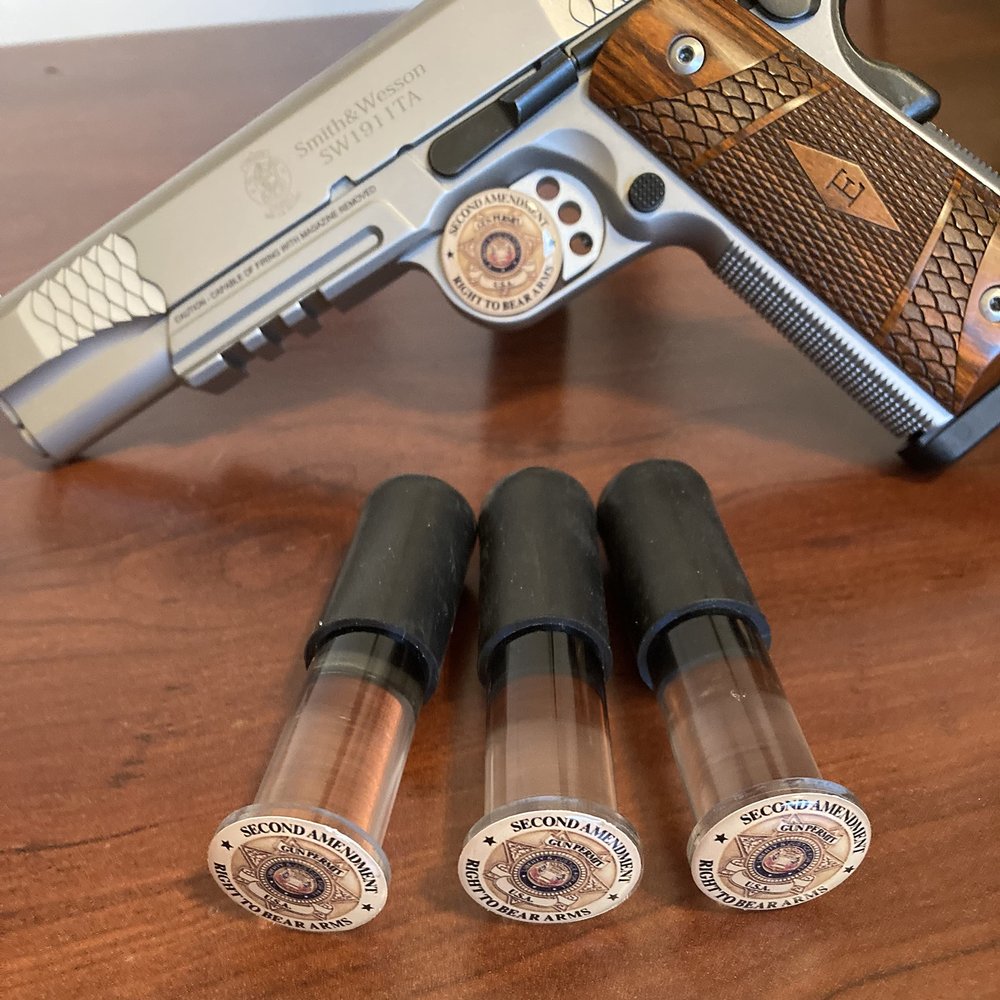 Handgun Display Stand, Safe Pistol Holder, Revolver Showcase, Clear Acrylic, Rubber Tipped, 3 1/2 L x 3/4" W - 3-Pack Right to Bear Arms Domed Decal