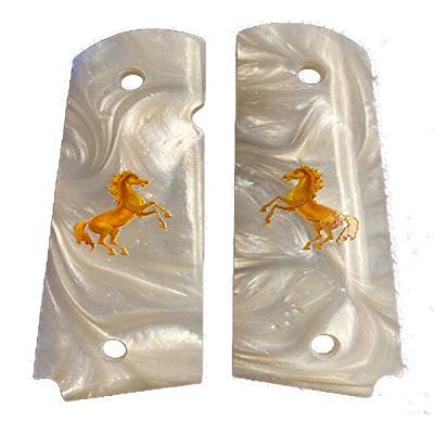 Compatible Replacement for Full Size 1911 White Pearl Colt Gov. & Clones Taurus, S&W, Springfield, Rock Island IMOP w/Horse Plus Gold Screws