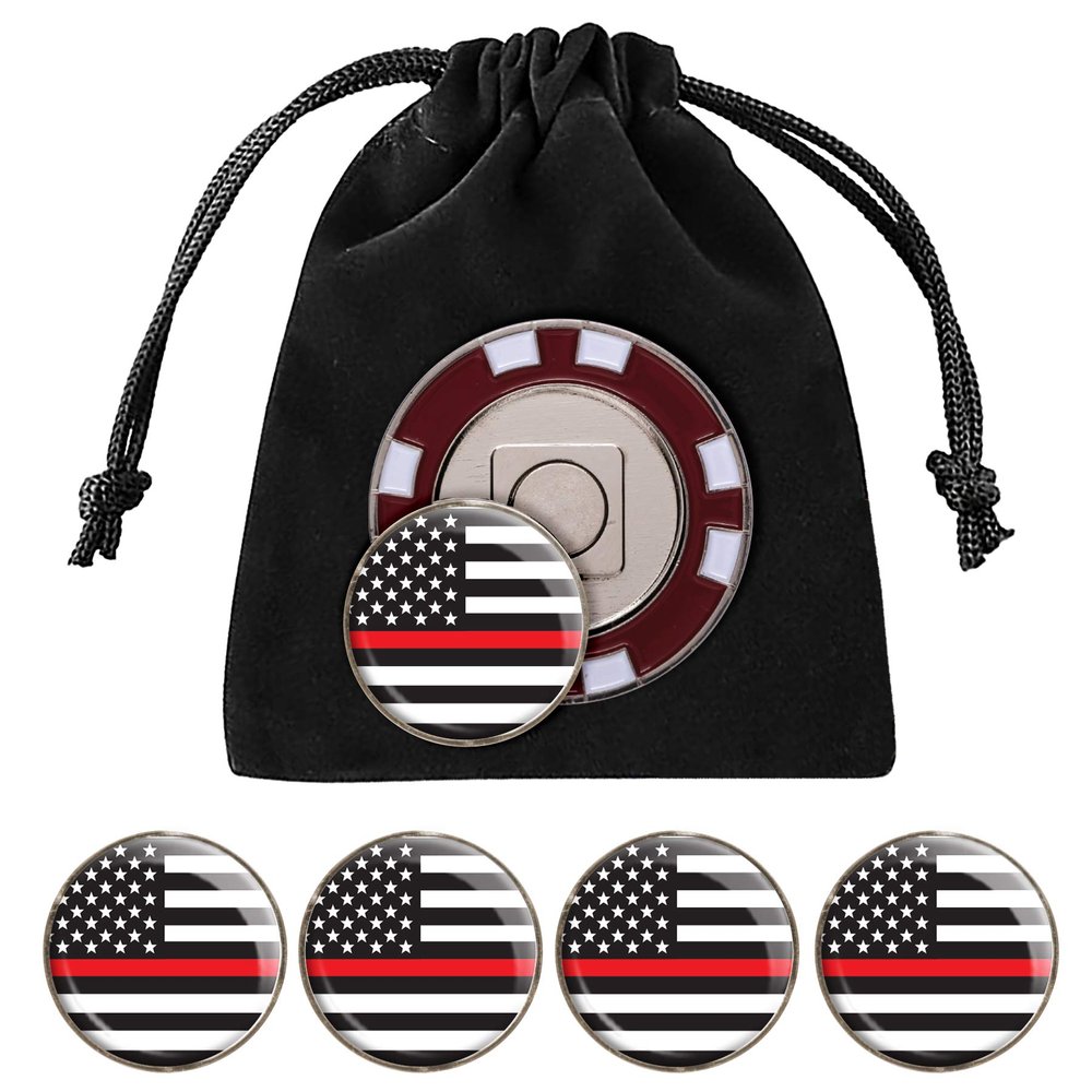 Fire Golf Ball Marker, Magnetic Poker Chip, with 5 Fire Department Ball Markers (Red-Flag)