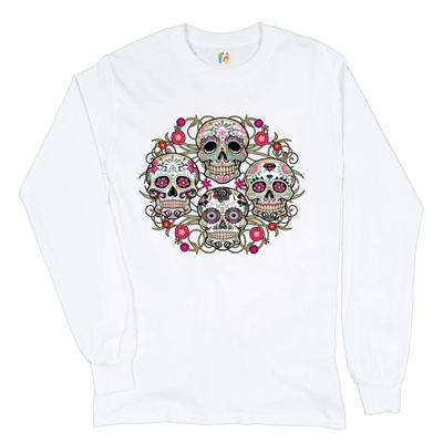 Day of The Dead Floral Sugar Skulls Long Sleeve T-Shirt Dia de Los Muertos White Small