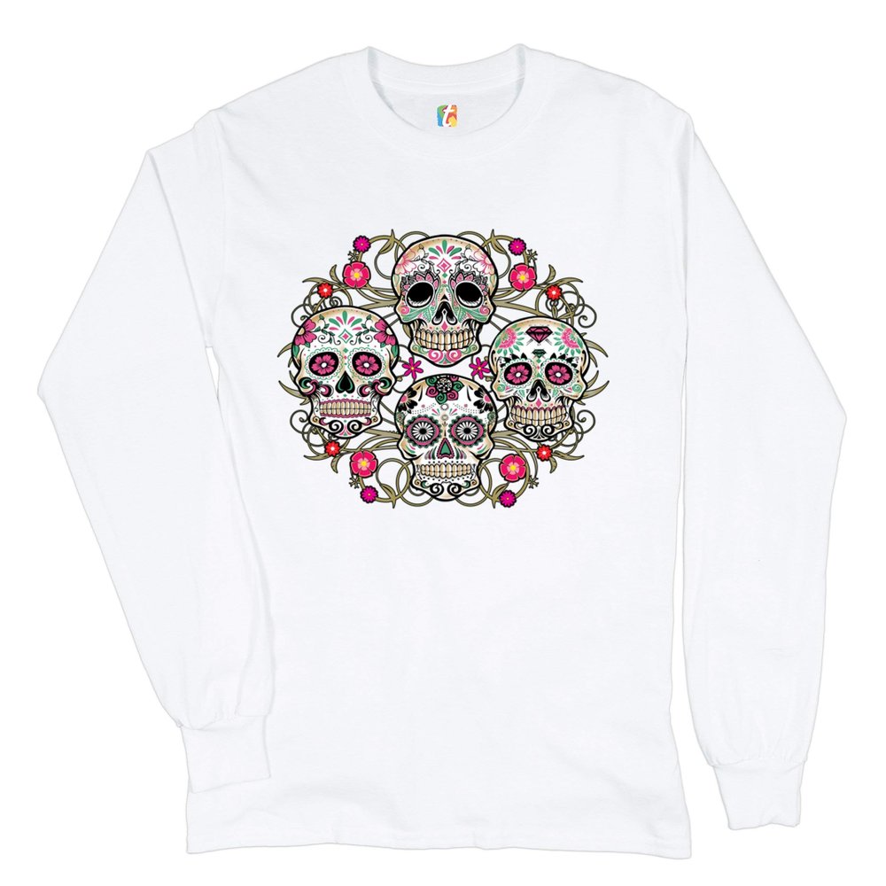 Day of The Dead Floral Sugar Skulls Long Sleeve T-Shirt Dia de Los Muertos White Small