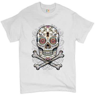 Calavera Sugar Skull T-Shirt Mexican Day of The Dead Dia de Muertos Men's Tee White Small