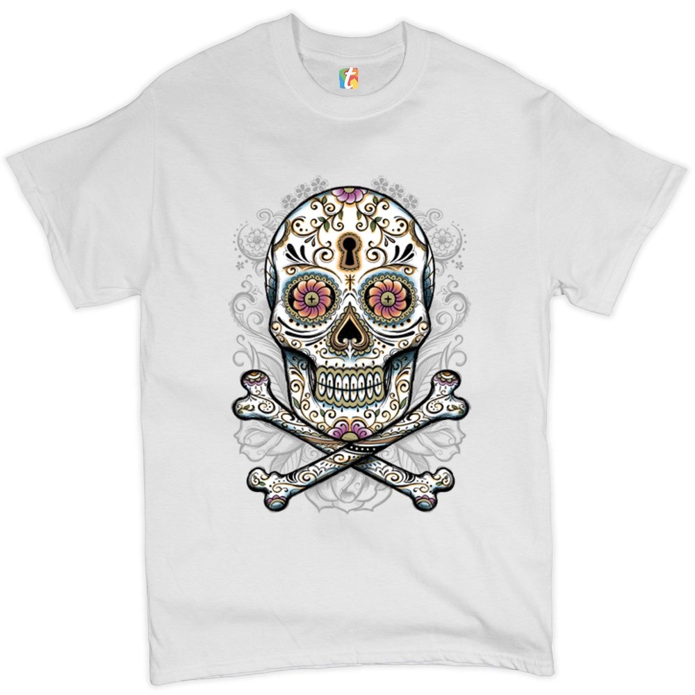 Calavera Sugar Skull T-Shirt Mexican Day of The Dead Dia de Muertos Men's Tee White Small