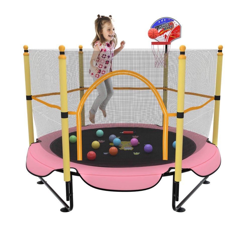 Kawuneeche 5FT Trampoline for Kids Toddler Indoor Trampoline with Safety Enclosure Net, Mini Basketball Hoop, Jumping Mat for Home Entertainment Equipment Outdoor Backyard Games (Pink)